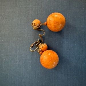 Vintage Clip On Wooden Ball Earrings